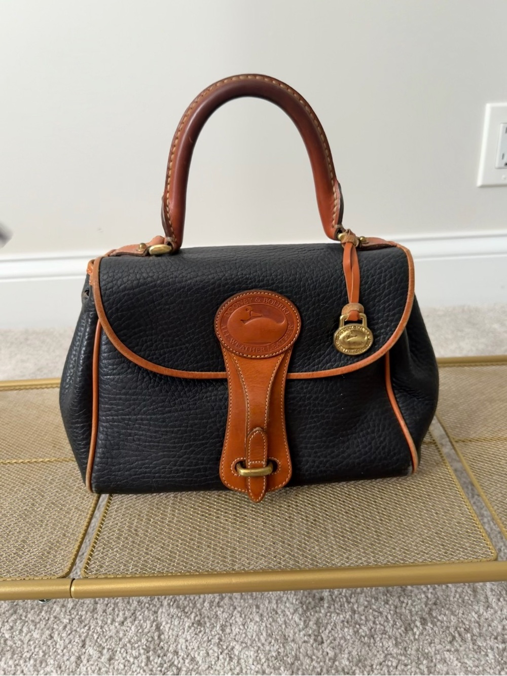 Vintage Dooney & Bourke Black with Brown Trim Pebbled Leather Satchel
